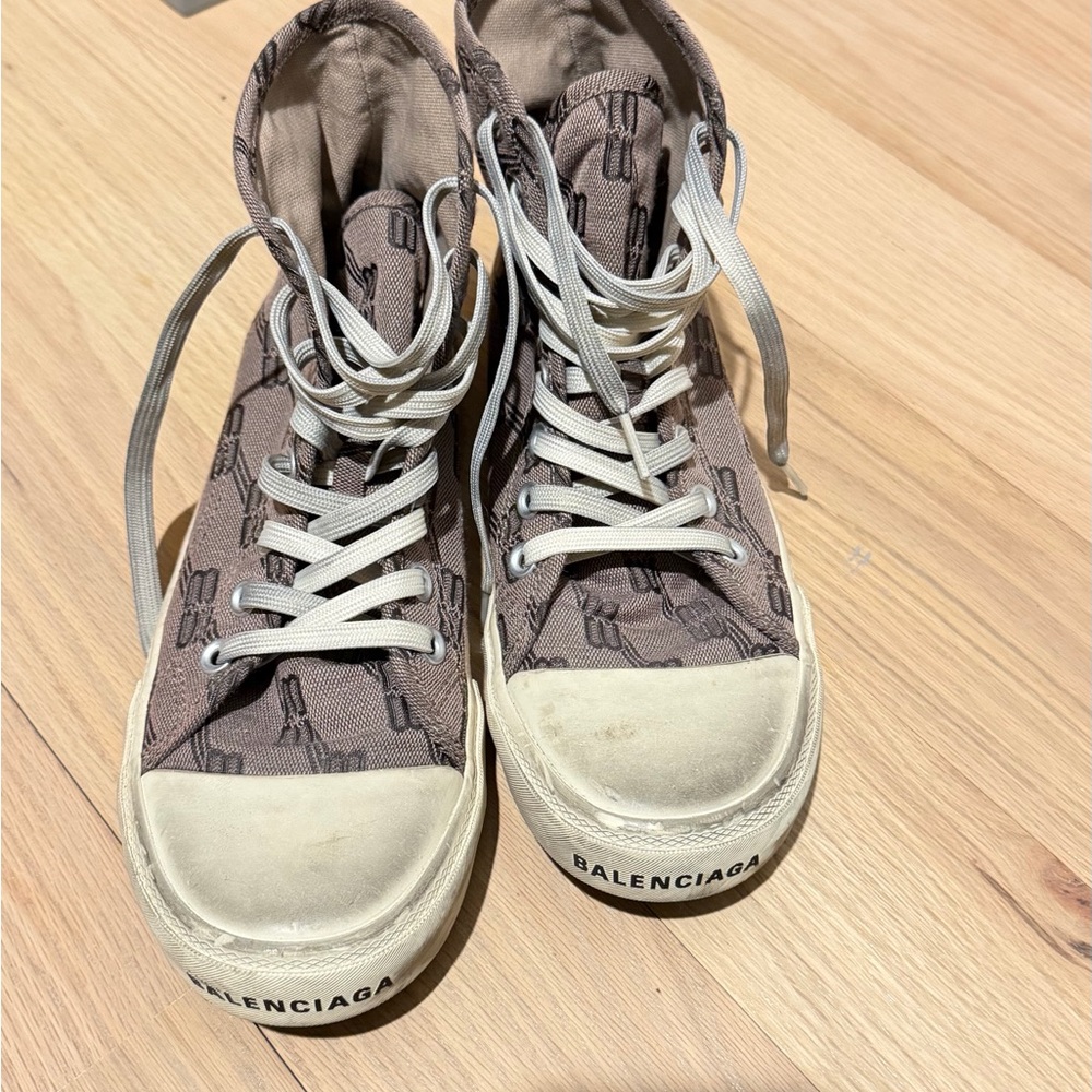 Balenciaga Patterned Paris High-Tops in Brown and Cream